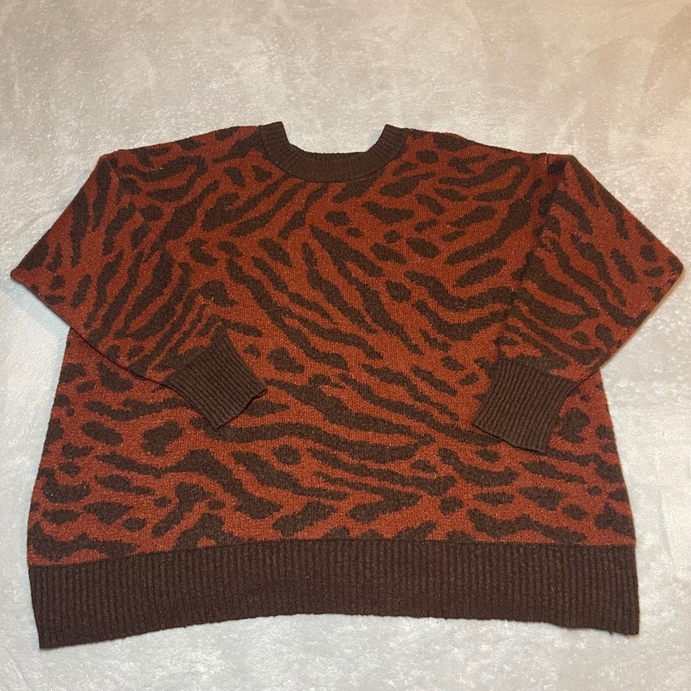 Ava & Viv Sweater Women 3X Plus Brown Orange Tiger Animal Print Crew Neck Knit